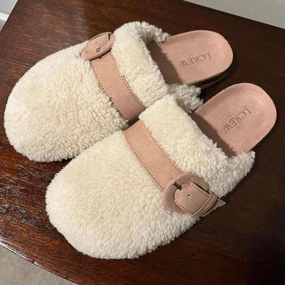 J. Crew Faux Shearling Slippers in Cream and Tan